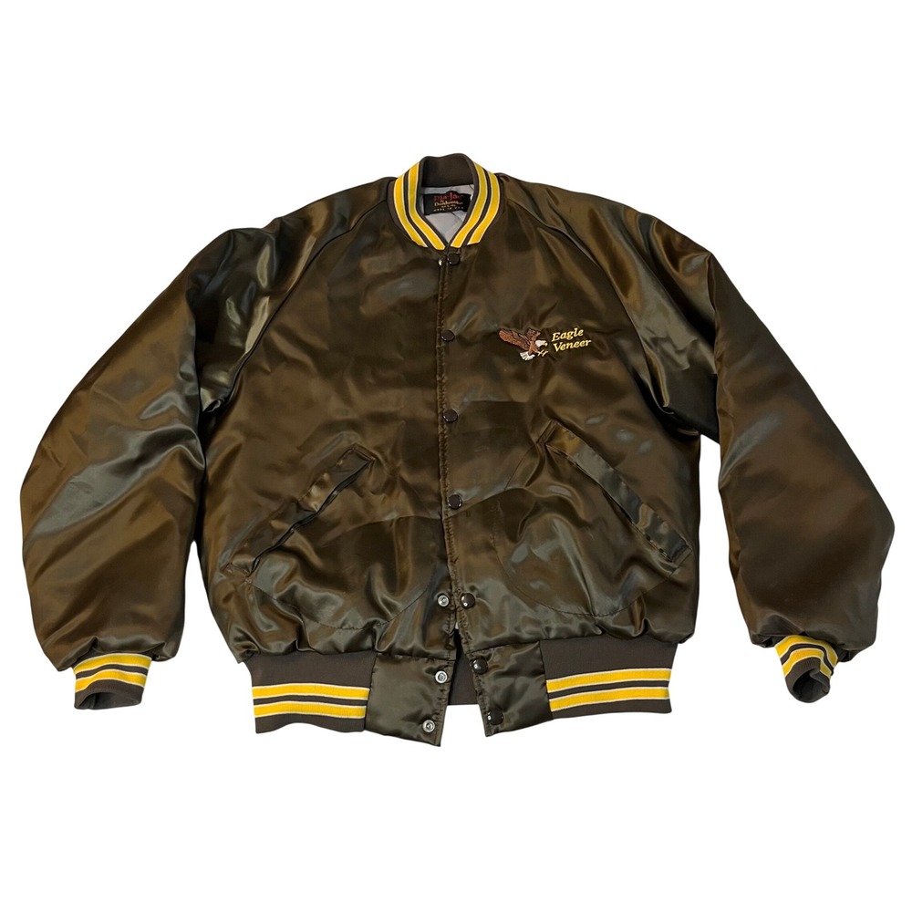 VTG Pla-Jac Dunbrooke Mens Bomber Jacket‎ Eagle Brown Satin USA Made Size 44-46